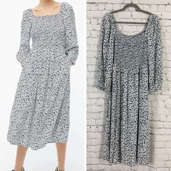 J Crew J. Crew Floral Smocked Midi Dress in Antique Navy Print Boho - Picture 1 of 15